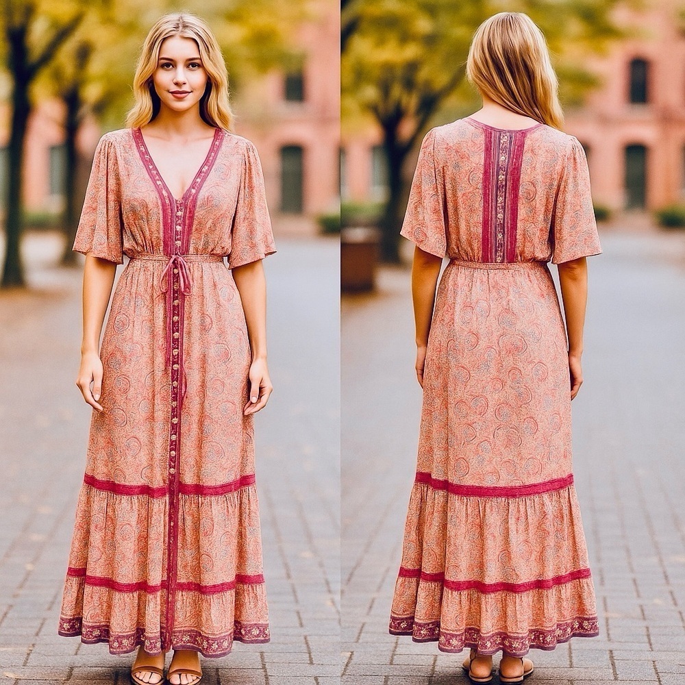 Anthropologie Boemo
Womens M Boho Floral Maxi Dress Prairie Cottage Hippie Core